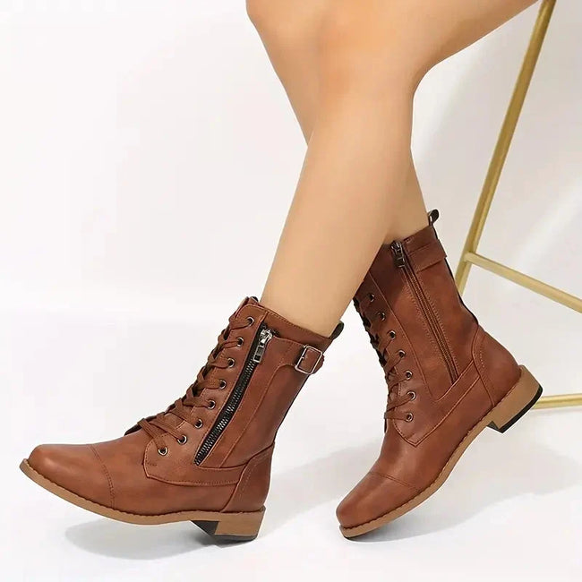 Amara | Women's Lace Up Side Zip Block Heel Boots with Comfortable