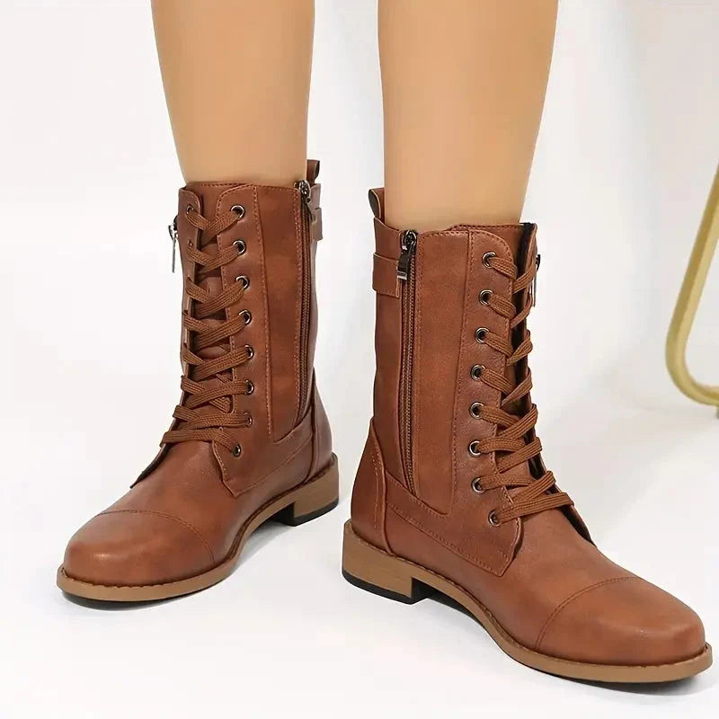 Amara | Women's Lace Up Side Zip Block Heel Boots with Comfortable