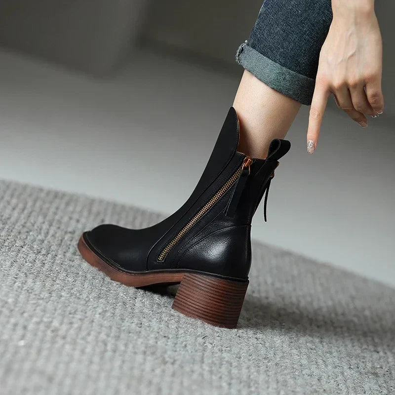 Freya | Women's Leather Ankle Side Zip Block Heel Boots with Comfortable