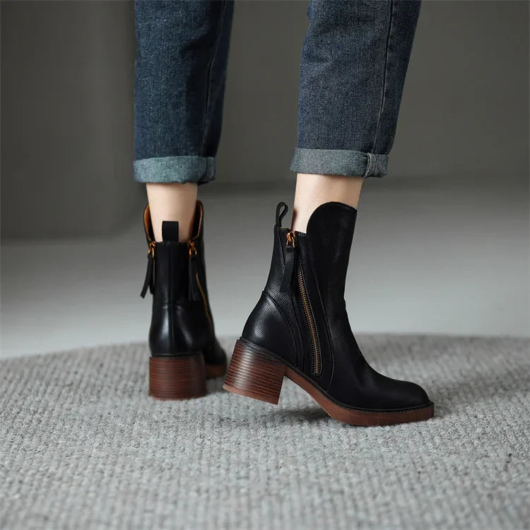 Freya | Women's Leather Ankle Side Zip Block Heel Boots with Comfortable