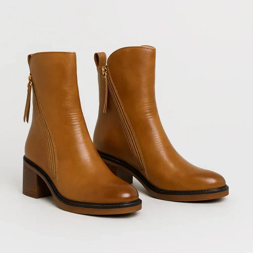Freya | Women's Leather Ankle Side Zip Block Heel Boots with Comfortable