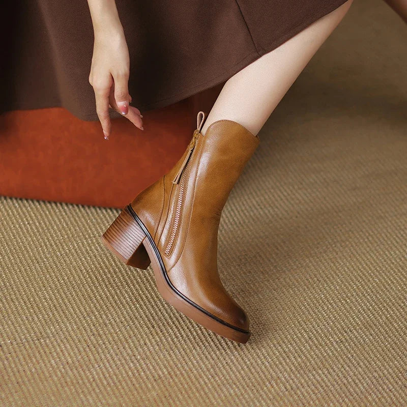 Freya | Women's Leather Ankle Side Zip Block Heel Boots with Comfortable