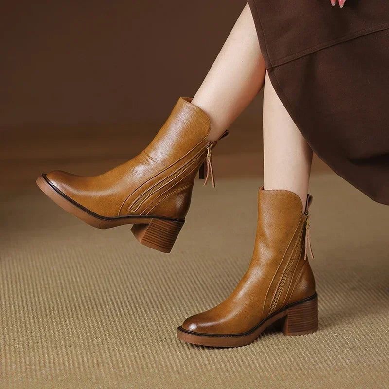 Freya | Women's Leather Ankle Side Zip Block Heel Boots with Comfortable