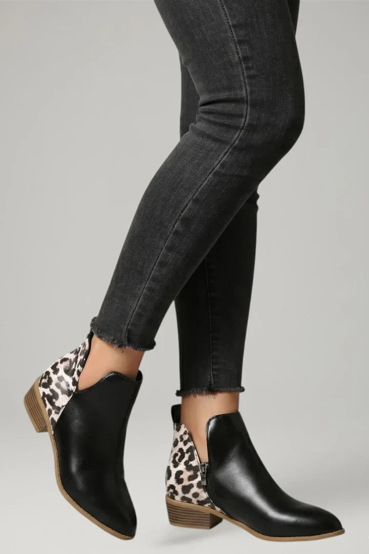 Freya | Women's Leather Leopard Print Side Zip Low Heel Boots with Comfortable