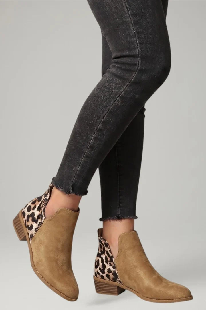 Freya | Women's Leather Leopard Print Side Zip Low Heel Boots with Comfortable