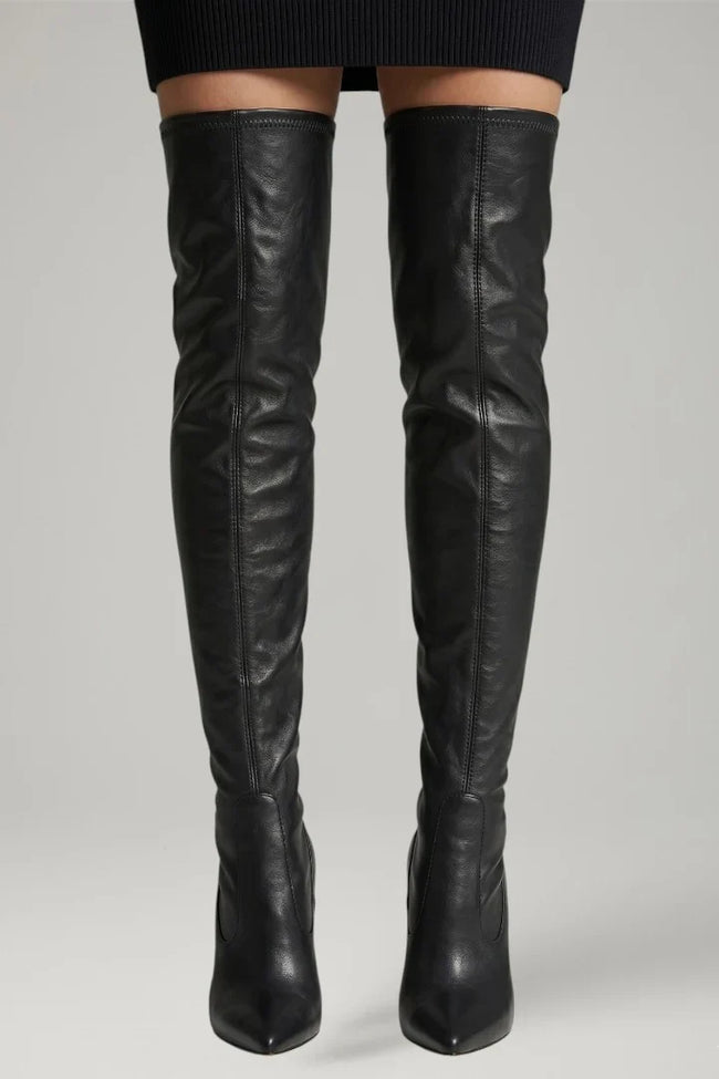 Freya | Women's Leather Slim Heel Zip Knee High Boots with Pointed-Toe