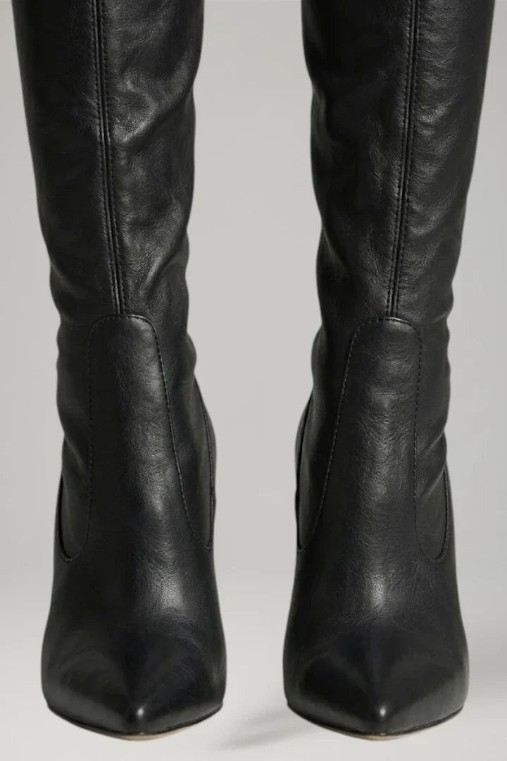 Freya | Women's Leather Slim Heel Zip Knee High Boots with Pointed-Toe