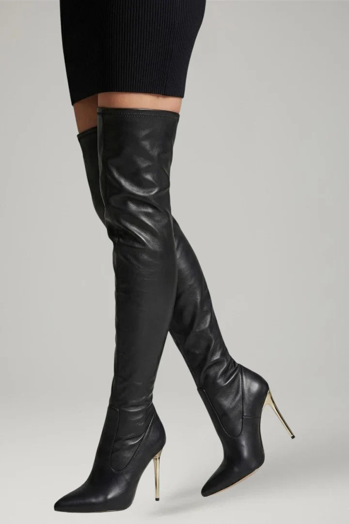 Freya | Women's Leather Slim Heel Zip Knee High Boots with Pointed-Toe