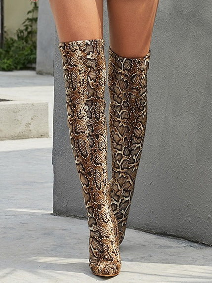 Freya | Women's Over the Knee Stiletto Pointed Toe Snakeskin Boots with Slip-On