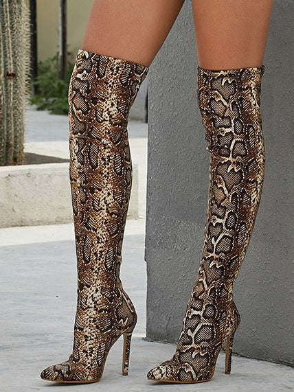 Freya | Women's Over the Knee Stiletto Pointed Toe Snakeskin Boots with Slip-On