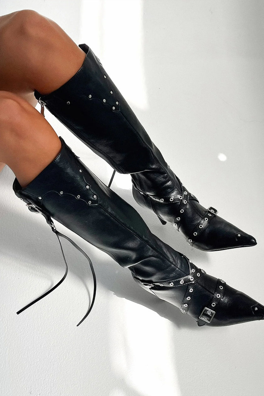 Maren | Women's Studded Buckle Pointed Toe Stiletto Heel Boots with Comfortable