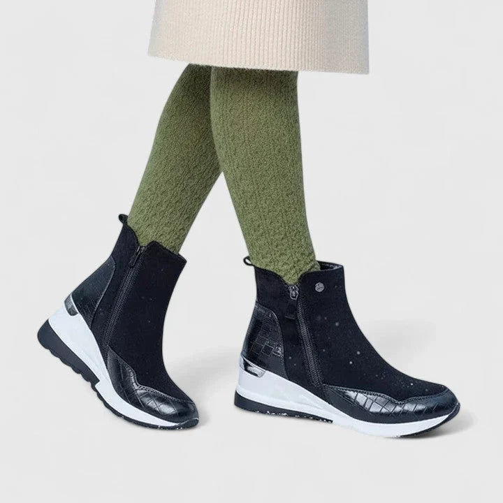 Elise | Women's Suede Ankle Wedge Side Zip Crocodile Detail Boots with Comfortable