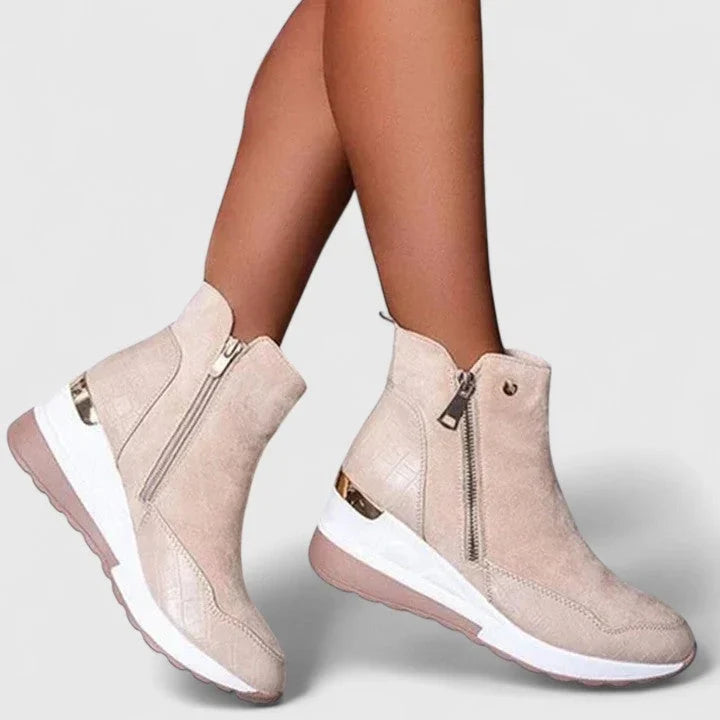 Elise | Women's Suede Ankle Wedge Side Zip Crocodile Detail Boots with Comfortable