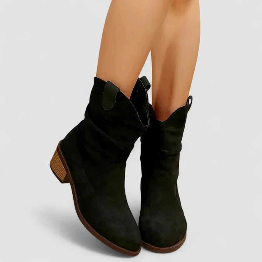 Elise | Women's Suede Block Heel Ruched Ankle Boots with Pointed-Toe Comfortable