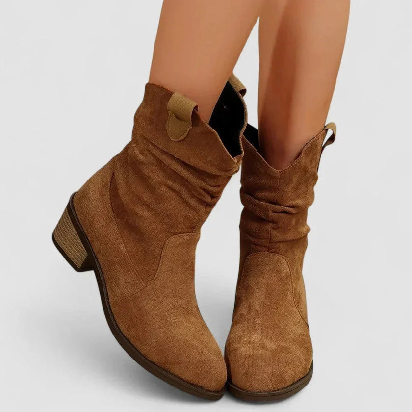 Elise | Women's Suede Block Heel Ruched Ankle Boots with Pointed-Toe Comfortable