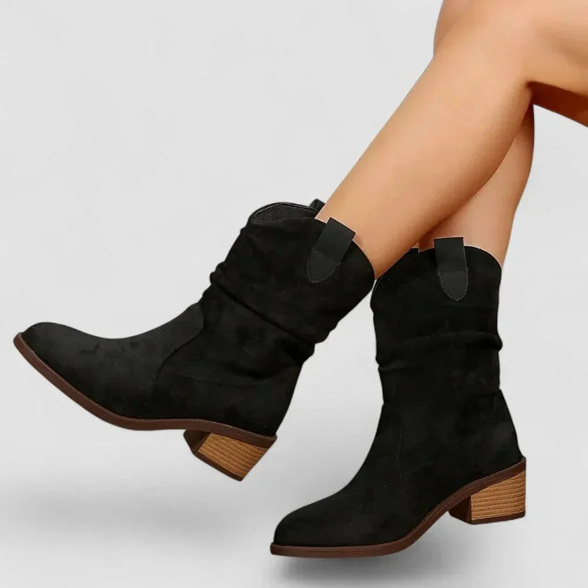 Elise | Women's Suede Block Heel Ruched Ankle Boots with Pointed-Toe Comfortable
