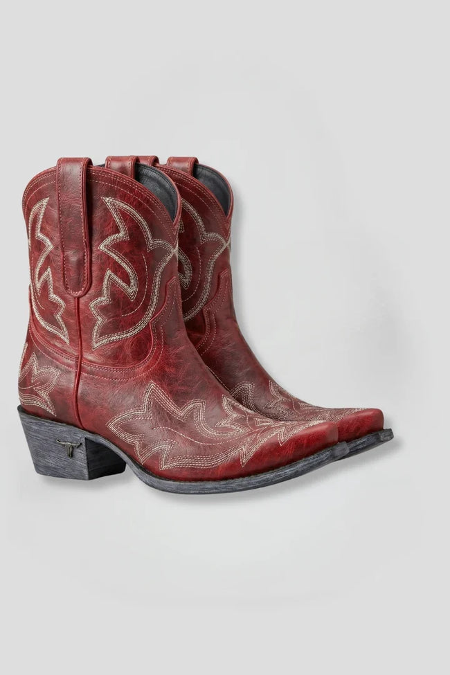 Freya | Women's Western Embroidered Leather Mid Calf Boots with Pointed-Toe Comfortable