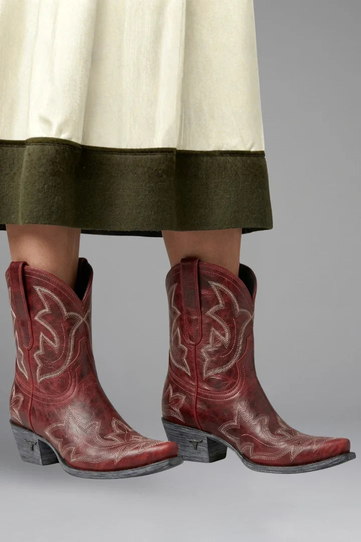Freya | Women's Western Embroidered Leather Mid Calf Boots with Pointed-Toe Comfortable