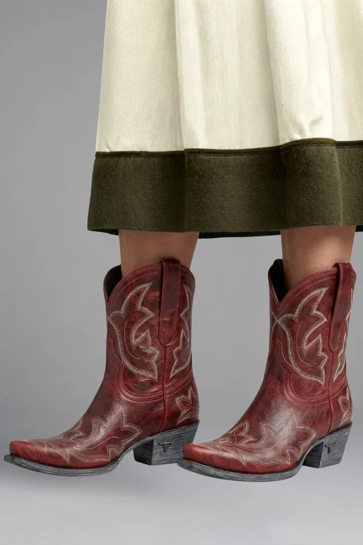 Freya | Women's Western Embroidered Leather Mid Calf Boots with Pointed-Toe Comfortable