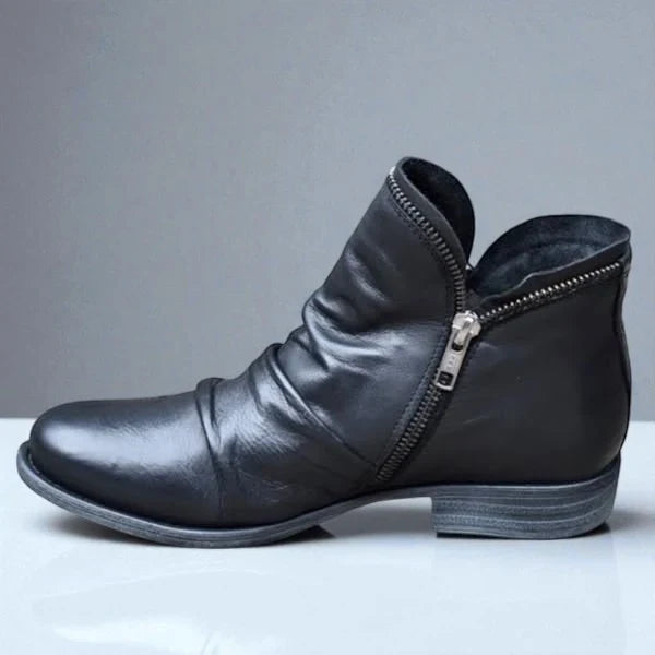 Lotte | Women's Zipper Ankle Ruched Side Boots with Block-Heel Comfortable Casual
