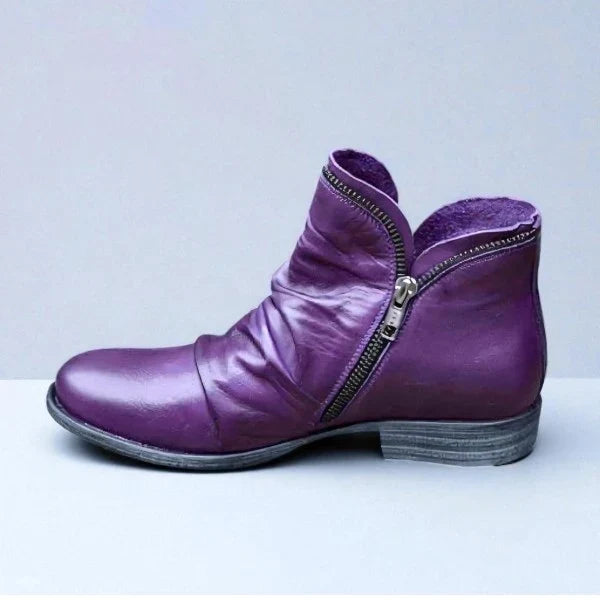 Lotte | Women's Zipper Ankle Ruched Side Boots with Block-Heel Comfortable Casual
