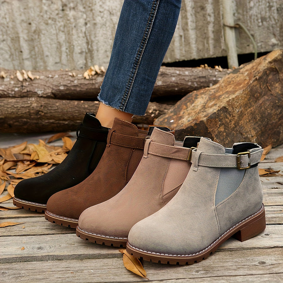 Chelsea Boots Suede Chunky Buckle Round Toe Lug Sole Ankle Boots | Nella