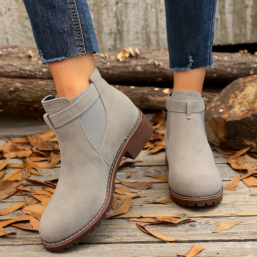 Nella | Women's Suede Round-Toe Buckle Chunky Chelsea Boots