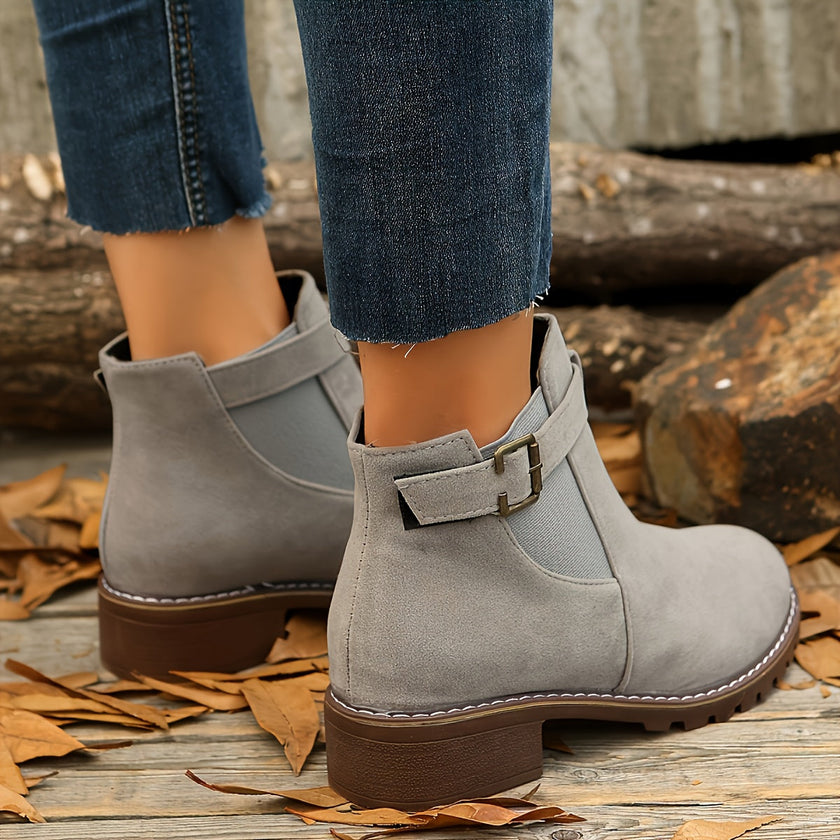 Nella | Women's Suede Round-Toe Buckle Chunky Chelsea Boots