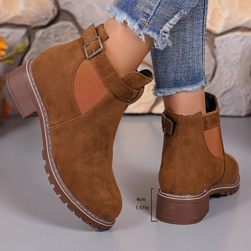 Nella | Women's Suede Round-Toe Buckle Chunky Chelsea Boots
