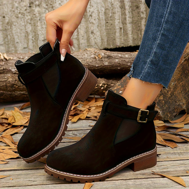 Chelsea Boots Suede Chunky Buckle Round Toe Lug Sole Ankle Boots | Nella
