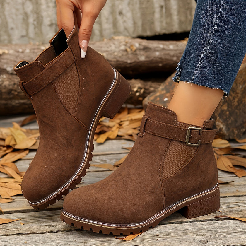 Nella | Women's Suede Round-Toe Buckle Chunky Chelsea Boots