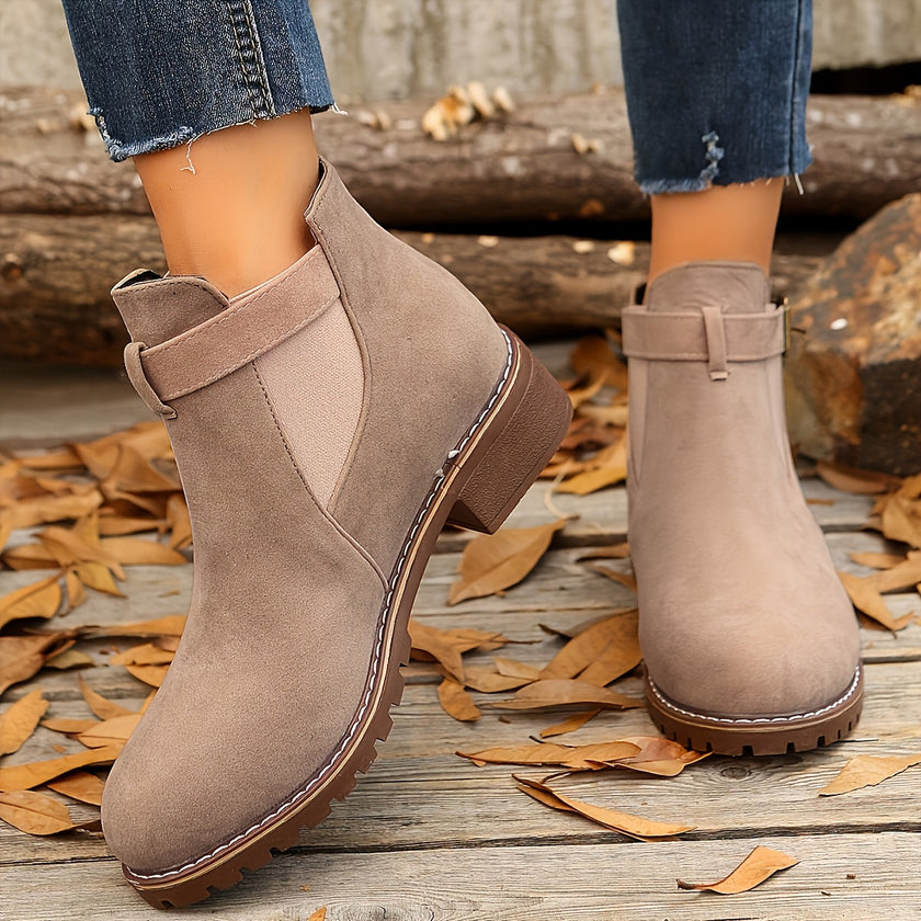 Nella | Women's Suede Round-Toe Buckle Chunky Chelsea Boots