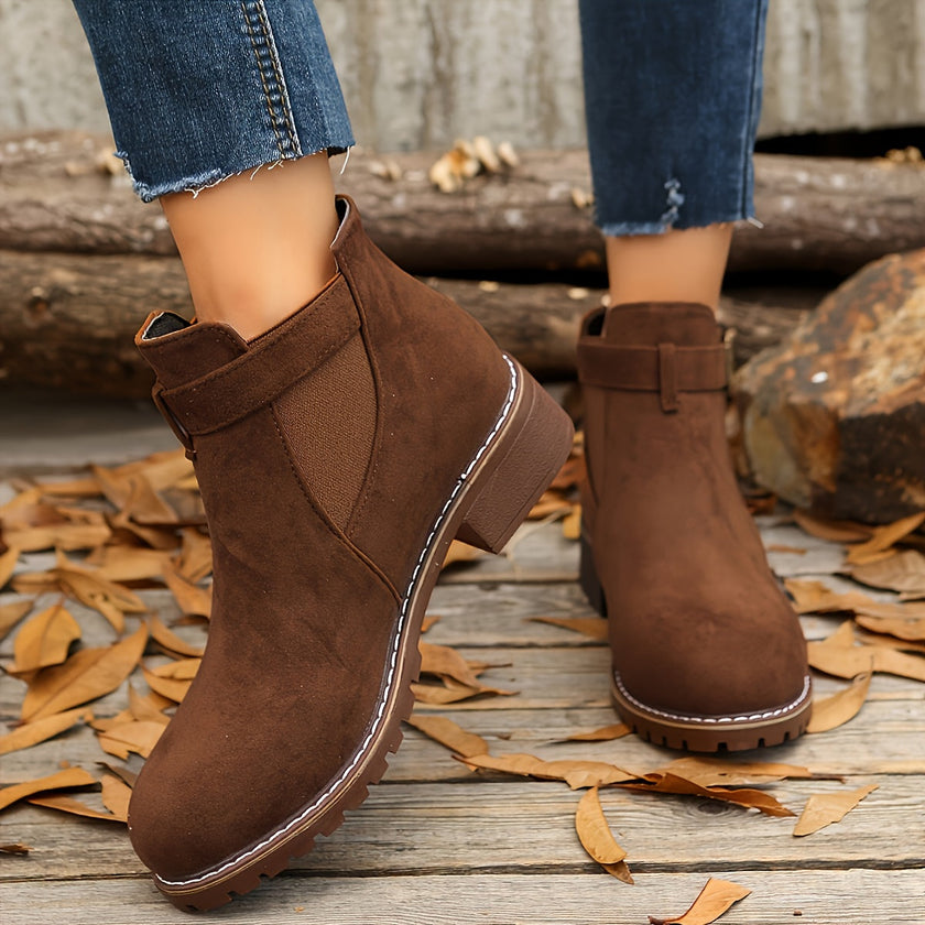 Nella | Women's Suede Round-Toe Buckle Chunky Chelsea Boots
