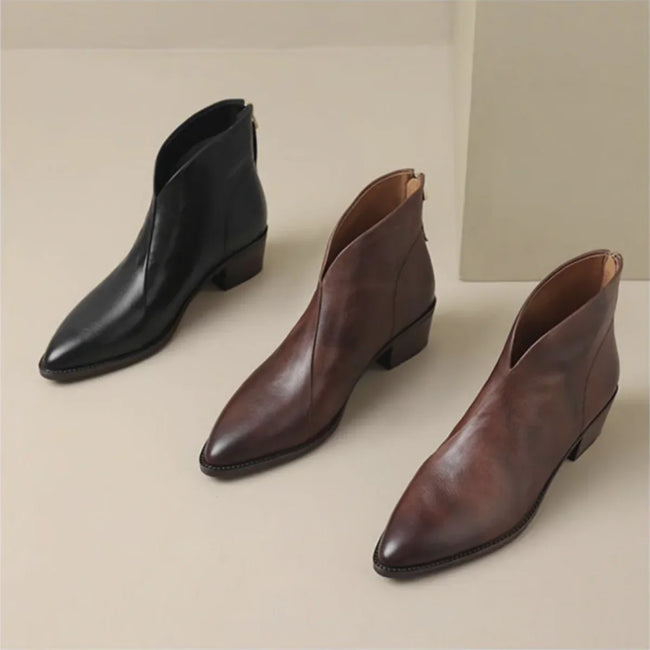 Esmee | Women's Brown Ankle Leather Block Heel V Cut Zip Boots with