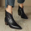Esmee | Women's Brown Ankle Leather Block Heel V Cut Zip Boots with