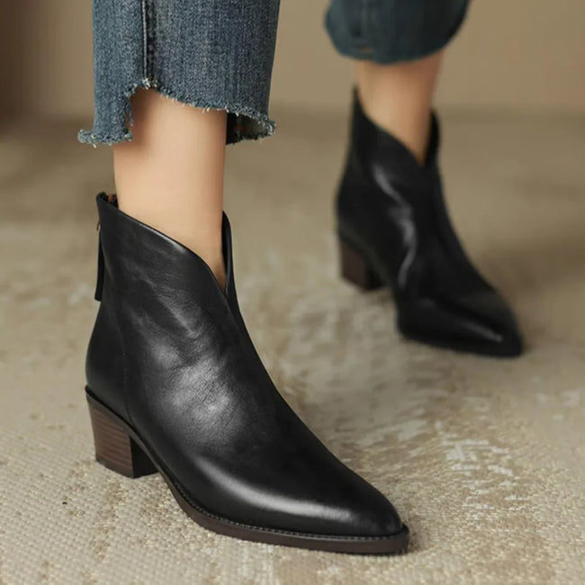 Esmee | Women's Brown Ankle Leather Block Heel V Cut Zip Boots with