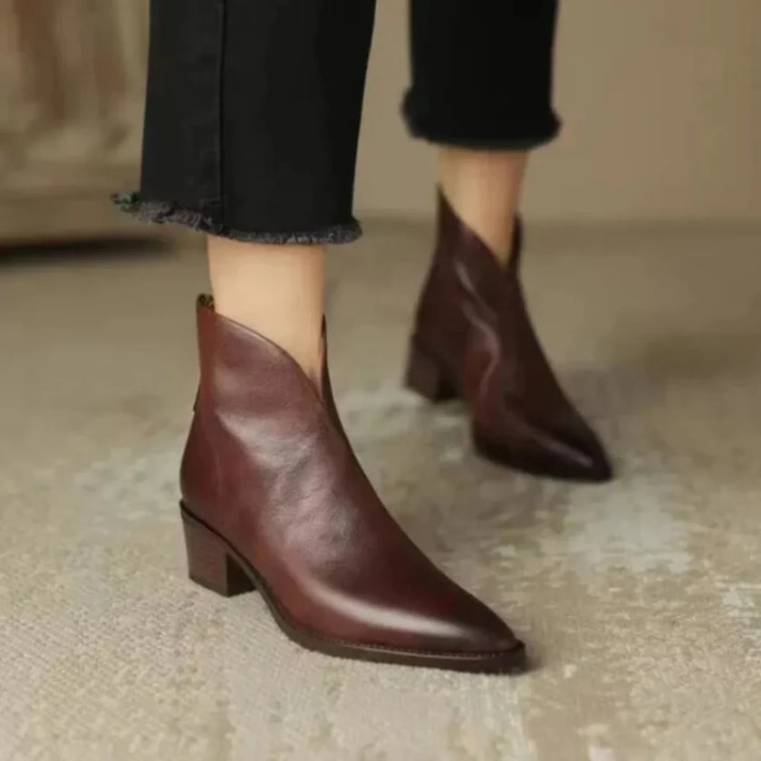 Esmee | Women's Brown Ankle Leather Block Heel V Cut Zip Boots with