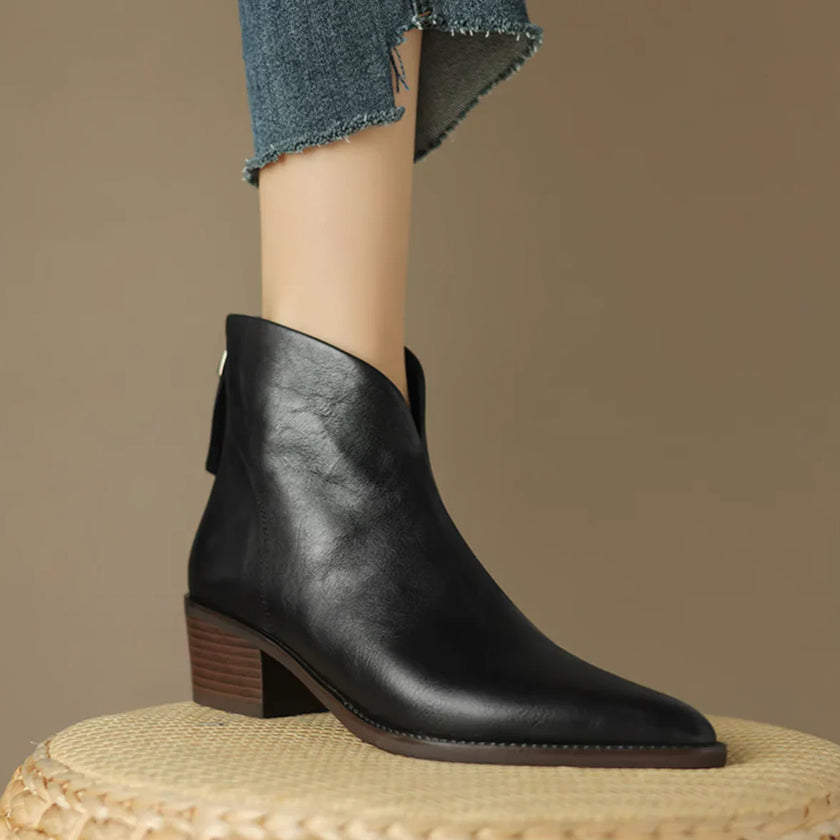 Esmee | Women's Brown Ankle Leather Block Heel V Cut Zip Boots with