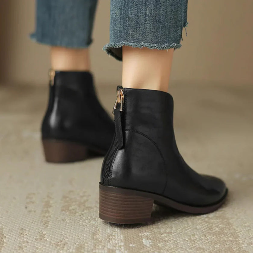 Esmee | Women's Brown Ankle Leather Block Heel V Cut Zip Boots with