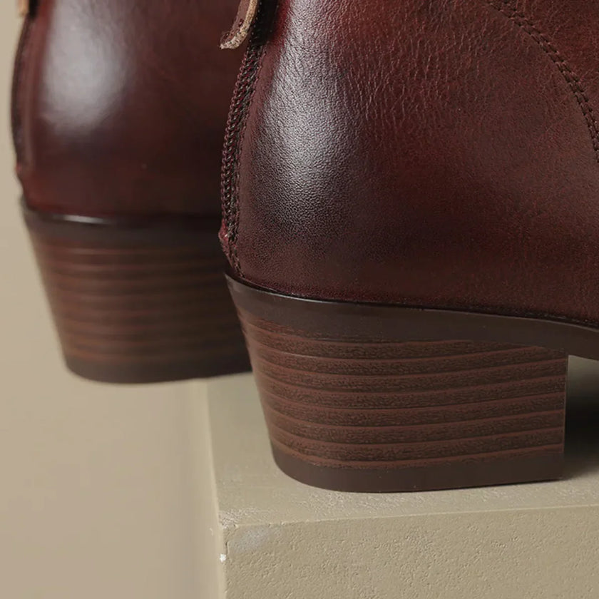 Esmee | Women's Brown Ankle Leather Block Heel V Cut Zip Boots with