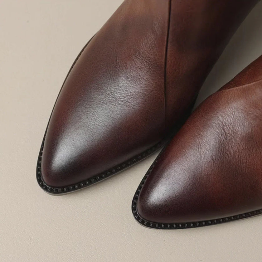 Esmee | Women's Brown Ankle Leather Block Heel V Cut Zip Boots with