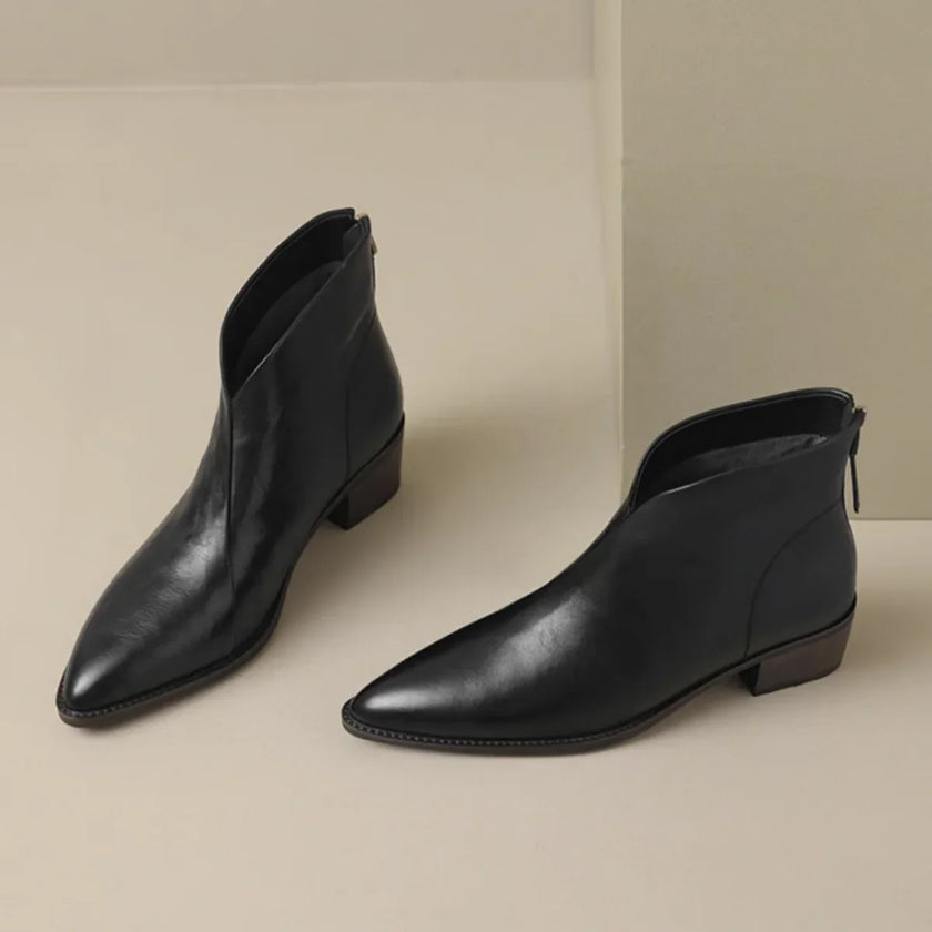 Esmee | Women's Brown Ankle Leather Block Heel V Cut Zip Boots with
