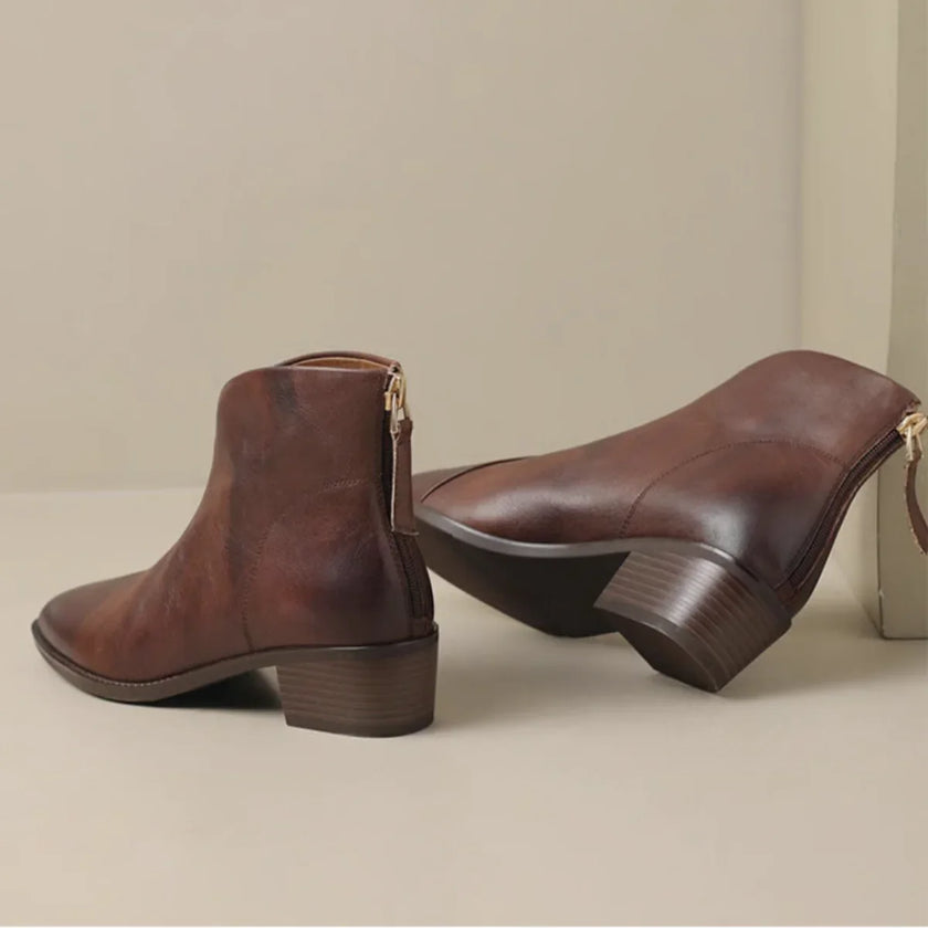 Esmee | Women's Brown Ankle Leather Block Heel V Cut Zip Boots with