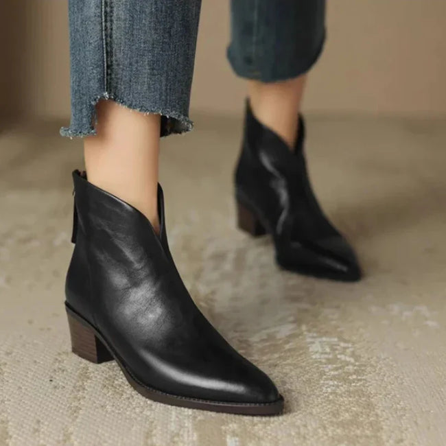 Roos | Women's Brown Ankle V Cut Block Heel Leather Boots with Pointed-Toe