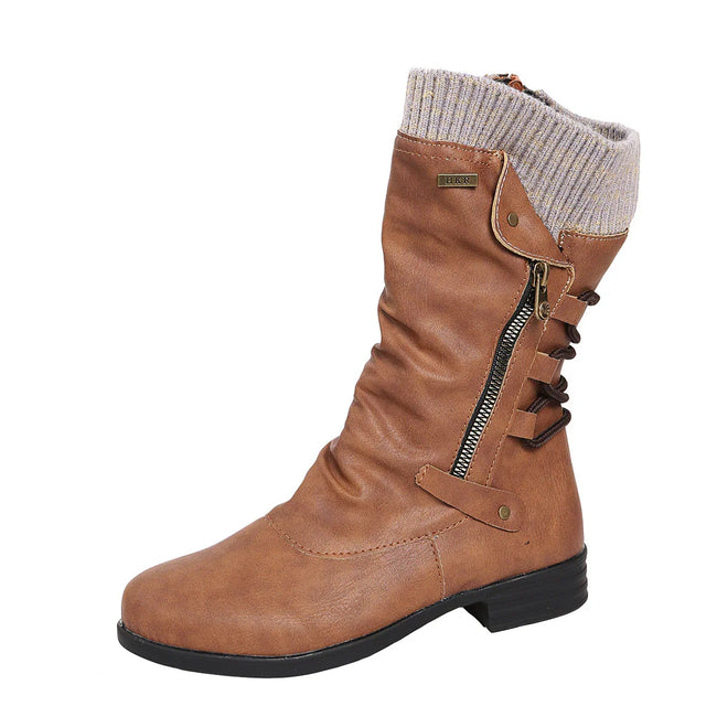 Hanne | Women's Brown Knit Cuff Ruched Side Zip Boots with Faux Leather