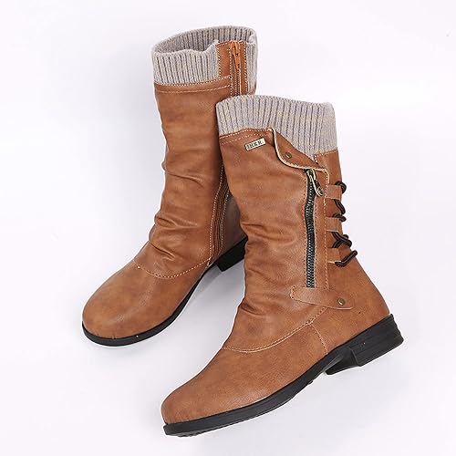 Hanne | Women's Brown Knit Cuff Ruched Side Zip Boots with Faux Leather