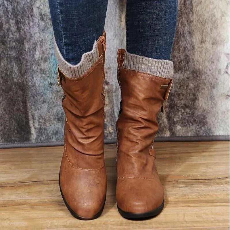Hanne | Women's Brown Knit Cuff Ruched Side Zip Boots with Faux Leather