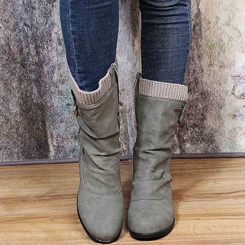 Hanne | Women's Brown Knit Cuff Ruched Side Zip Boots with Faux Leather