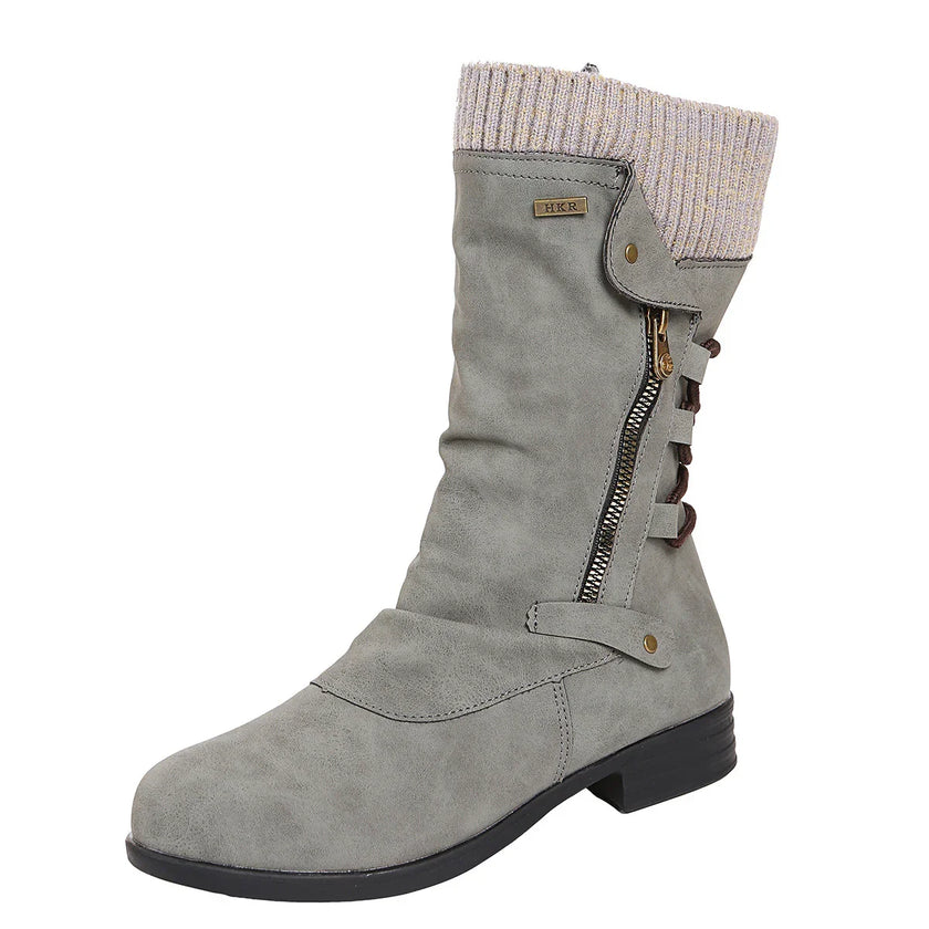 Hanne | Women's Brown Knit Cuff Ruched Side Zip Boots with Faux Leather