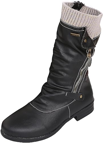Hanne | Women's Brown Knit Cuff Ruched Side Zip Boots with Faux Leather